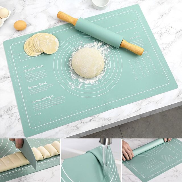 Rolling Pin & Silicone Pastry Mat Set – Non-Stick Baking Mat with Dough Scraper