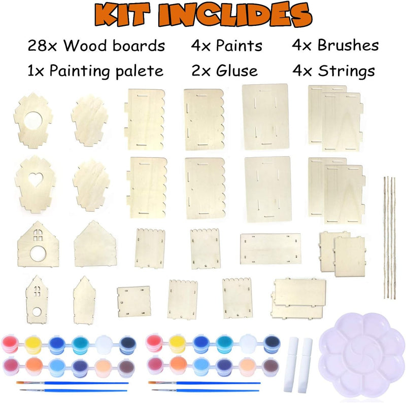 4-Pack DIY Birdhouse Kit for Kids – Build & Paint Wooden Bird Houses Creative Craft Gift