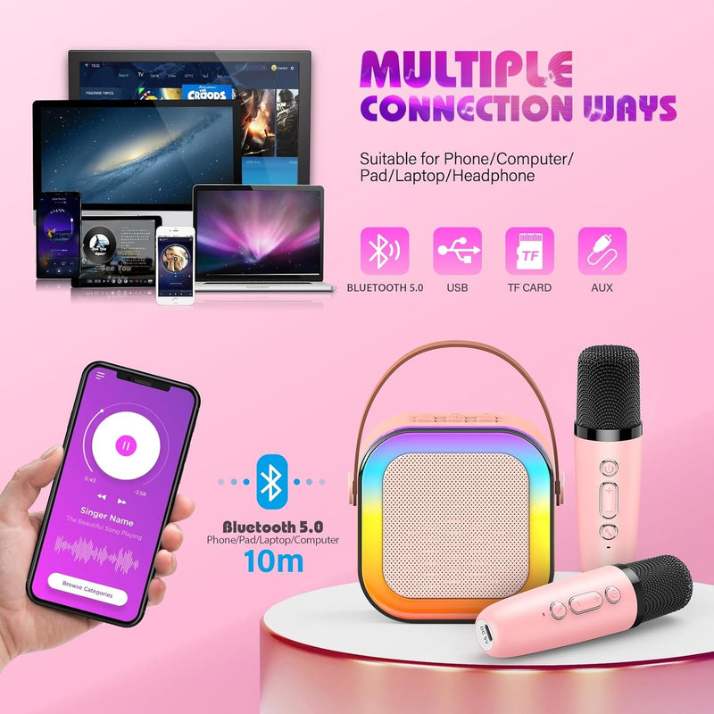 Portable Karaoke Machine – Bluetooth Speaker with 2 Wireless Mics & LED Lights