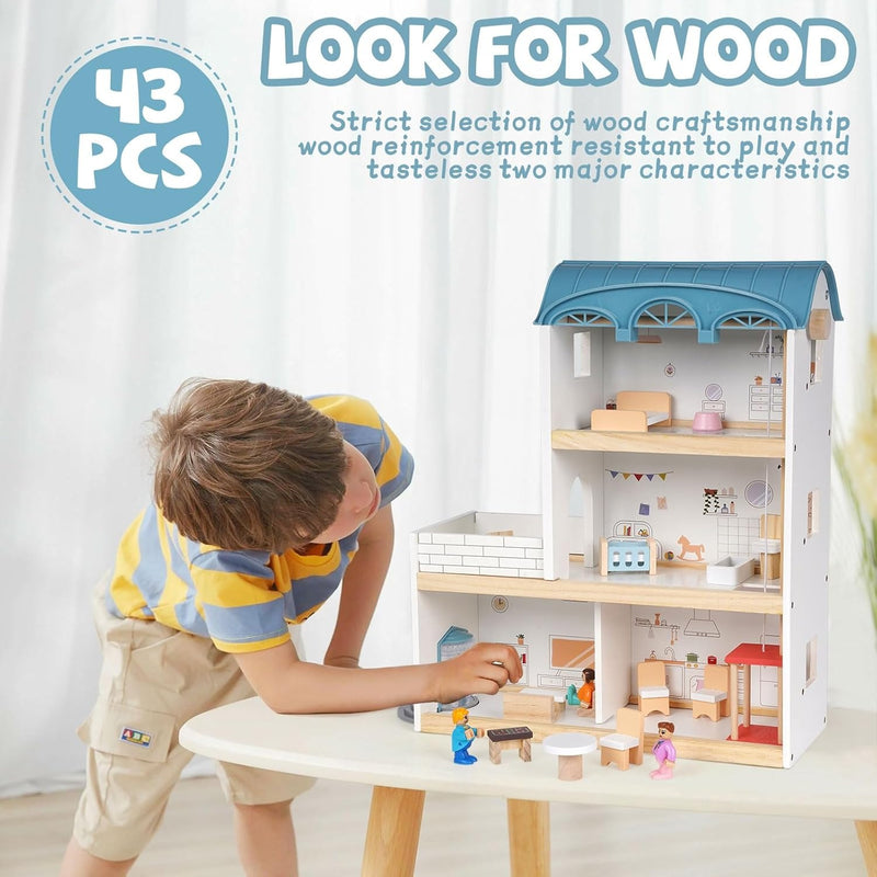 Wooden Dollhouse Villa – 3-Story Dream House with Elevator Balcony Furniture & 3 Dolls