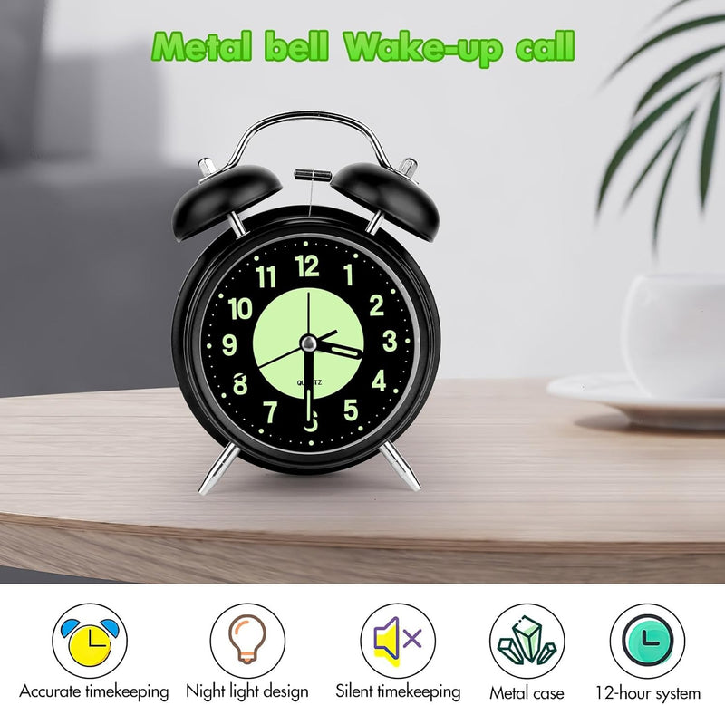 Twin Bell Alarm Clock 4 Inch – Rechargeable Luminous Retro Silent with Backlight