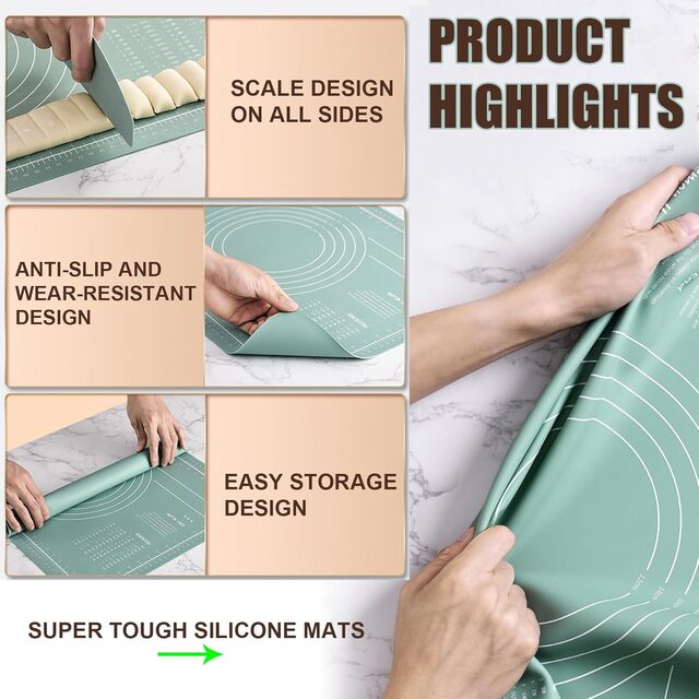 Rolling Pin & Silicone Pastry Mat Set – Non-Stick Baking Mat with Dough Scraper