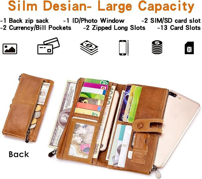 Genuine Leather Women’s Purse– Slim Bifold Clutch with RFID Blocking