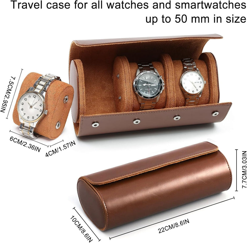 Premium Leather Watch Roll Case – 3-Slot Portable Watch Box Organizer for Men