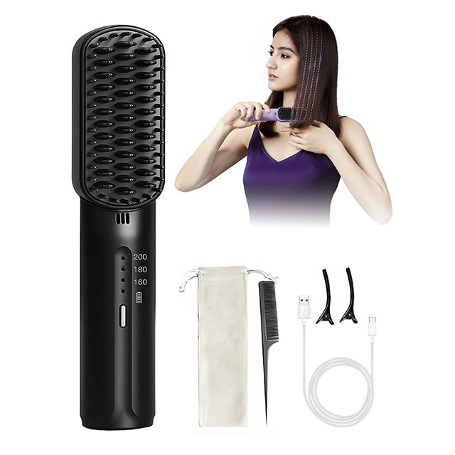 Cordless Hair Straightener Brush – Rechargeable Anti-Scald Portable Hair Straightening Comb