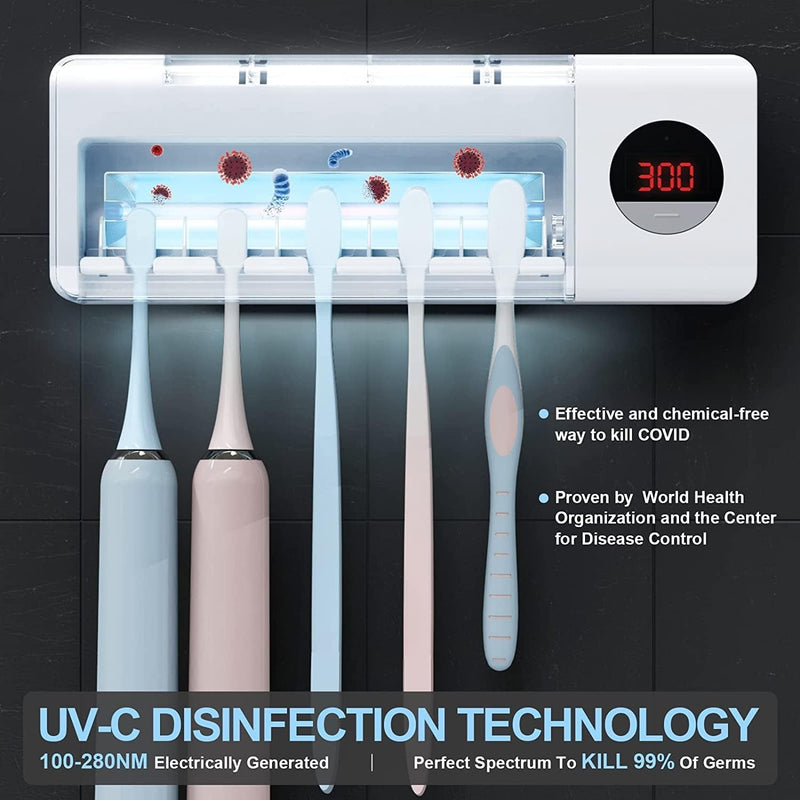 Wall-Mounted Toothbrush Holder with UV Sanitizer – Rechargeable Timer & Organizer