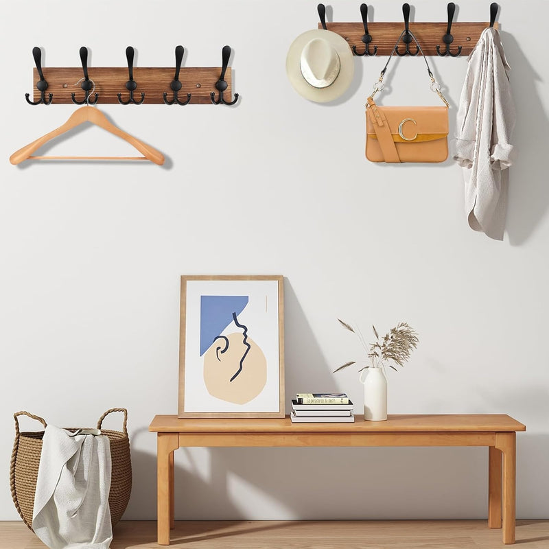 Wall-Mounted Wooden Coat Rack – Solid Pine Wood with 5 Triple Hooks