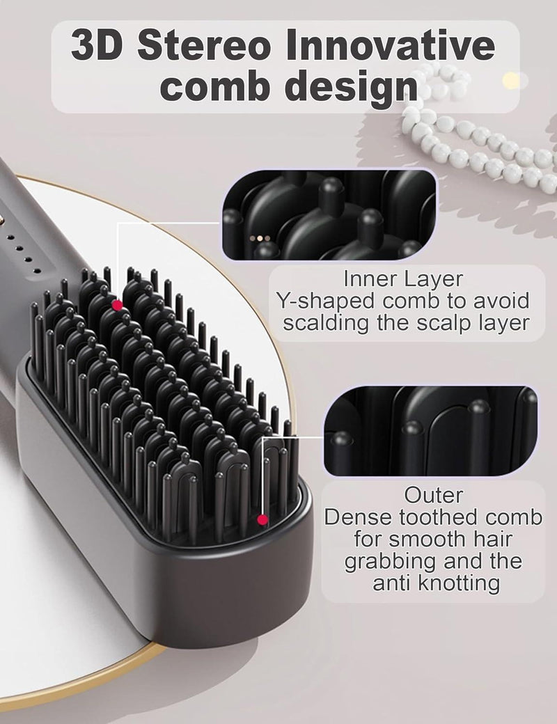 Cordless Hair Straightener Brush – Rechargeable Anti-Scald Portable Hair Straightening Comb
