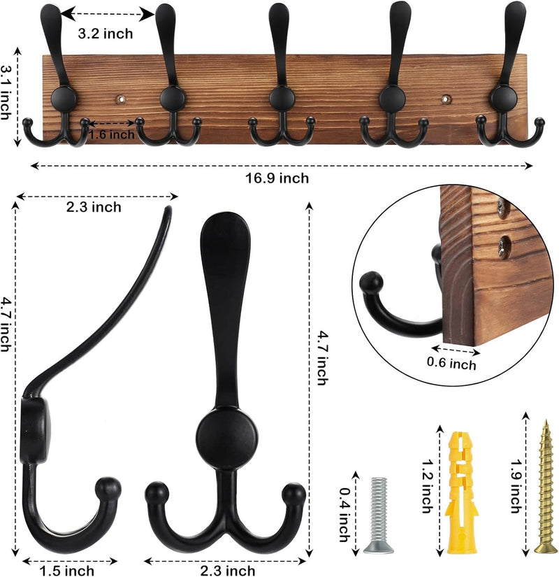 Wall-Mounted Wooden Coat Rack – Solid Pine Wood with 5 Triple Hooks