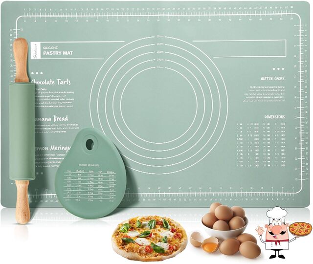 Rolling Pin & Silicone Pastry Mat Set – Non-Stick Baking Mat with Dough Scraper