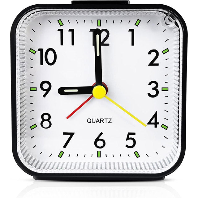 Silent Sweep Square Analog Alarm Clock – Battery Powered Non-Ticking with Snooze & Light