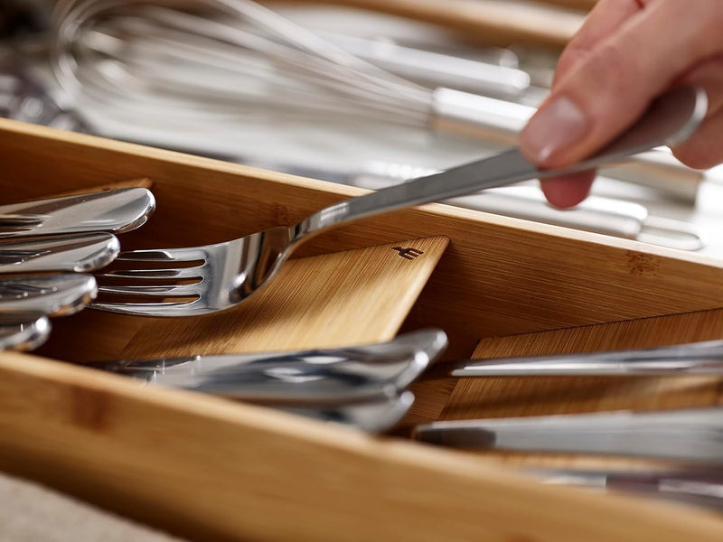 Compact Bamboo Cutlery Tray Organizer – 5 Compartments Holds 24+ Pieces