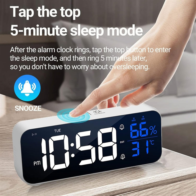 LED Voice-Controlled Alarm Clock – Mirror Display Temp & Humidity Dual Alarms