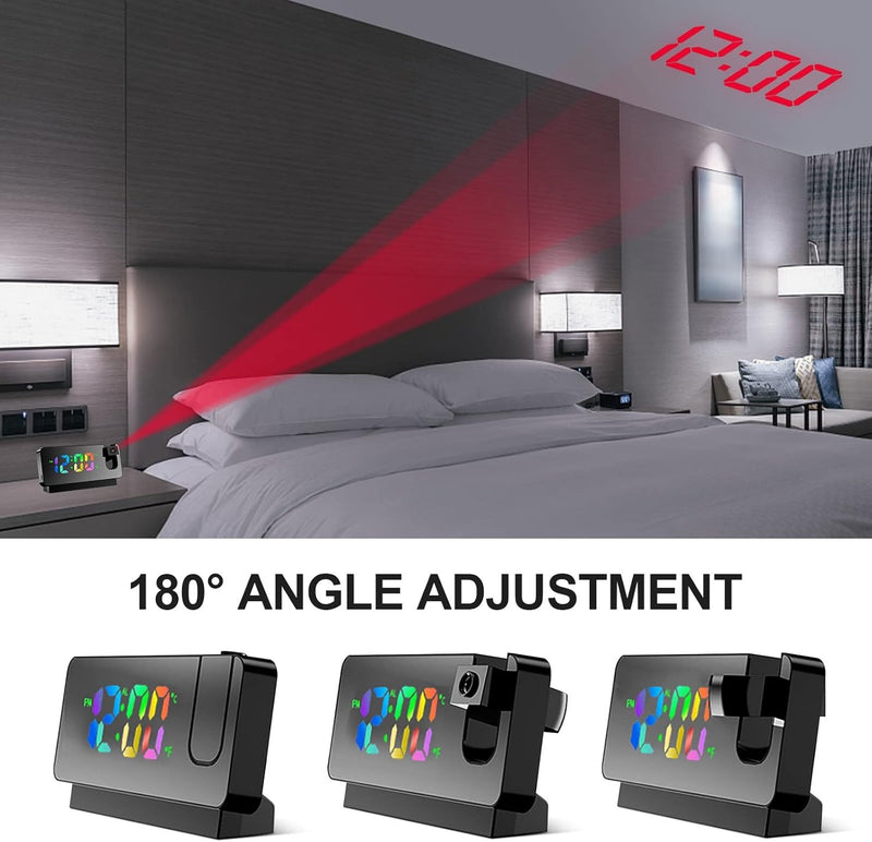 Projection Alarm Clock – LED Display 180° Projector Temp Snooze Night Mode Mains Powered