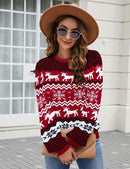 Women's Knitted Reindeer Christmas Jumper – Red & Black Striped Crew Neck Sweater