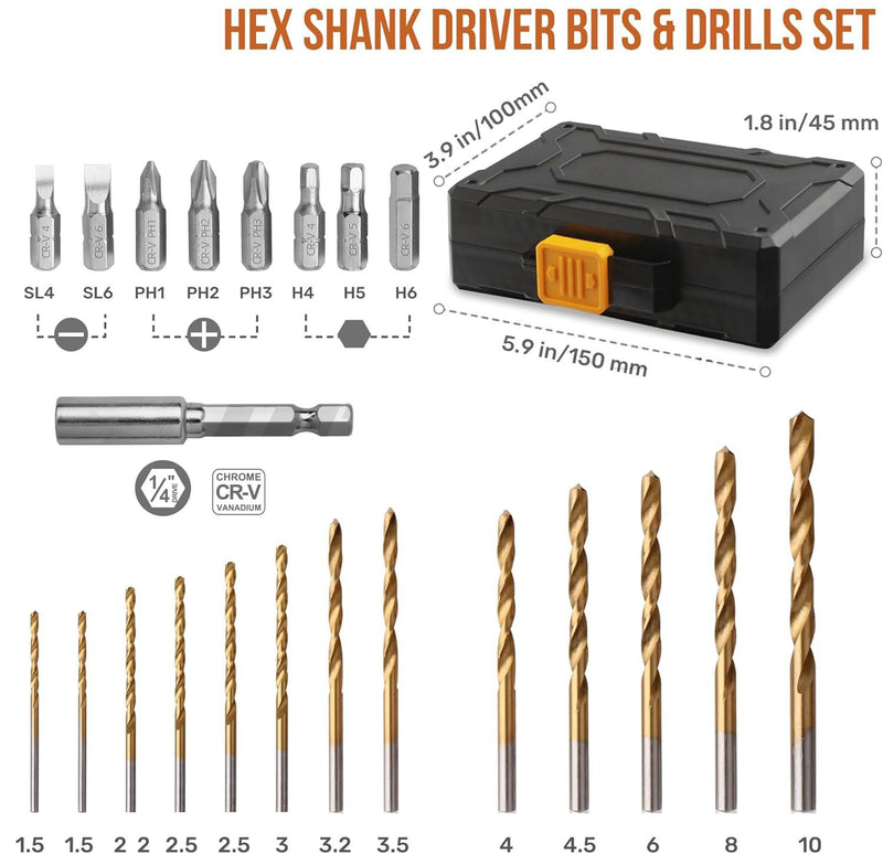 Drill Bit Set 24 pcs with Screwdriver– Titanium Coated for Metal Wood & Plastic with Toolbox Case