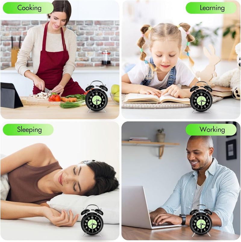 Twin Bell Alarm Clock 4 Inch – Rechargeable Luminous Retro Silent with Backlight