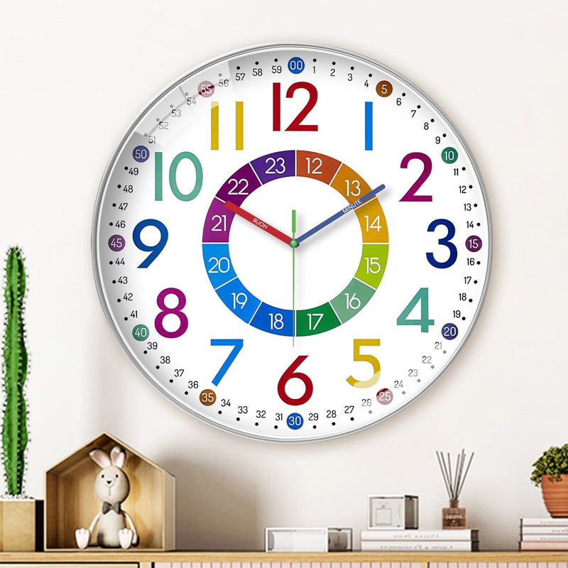 Children’s Silent Wall Clock – 24-Hour Easy Time Learning 10 Inch Ideal for Bedroom or Classroom