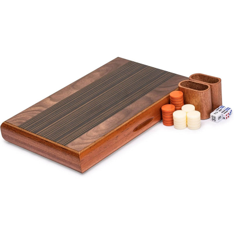 Wooden Inlaid Backgammon Set– 15" Folding Board with Acrylic Pieces & Dice Cups