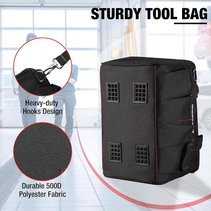 Heavy Duty Wide Mouth Tool Bag – Waterproof Multi-Compartment with Adjustable Shoulder Strap