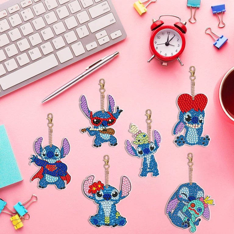 Stitch Diamond Painting Keychain Set – DIY 6-Piece Double-Sided Rhinestone Kit