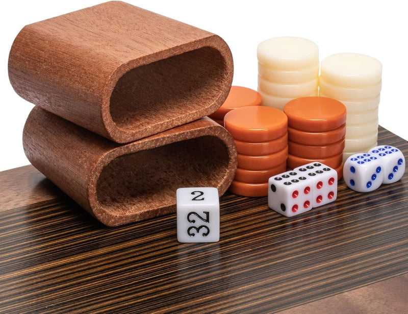 Wooden Inlaid Backgammon Set– 15" Folding Board with Acrylic Pieces & Dice Cups