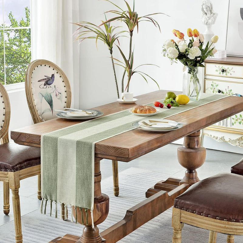 Cotton Linen Table Runner – Hand-Tassels Macrame Decor for Dining