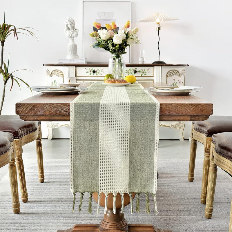 Cotton Linen Table Runner – Hand-Tassels Macrame Decor for Dining