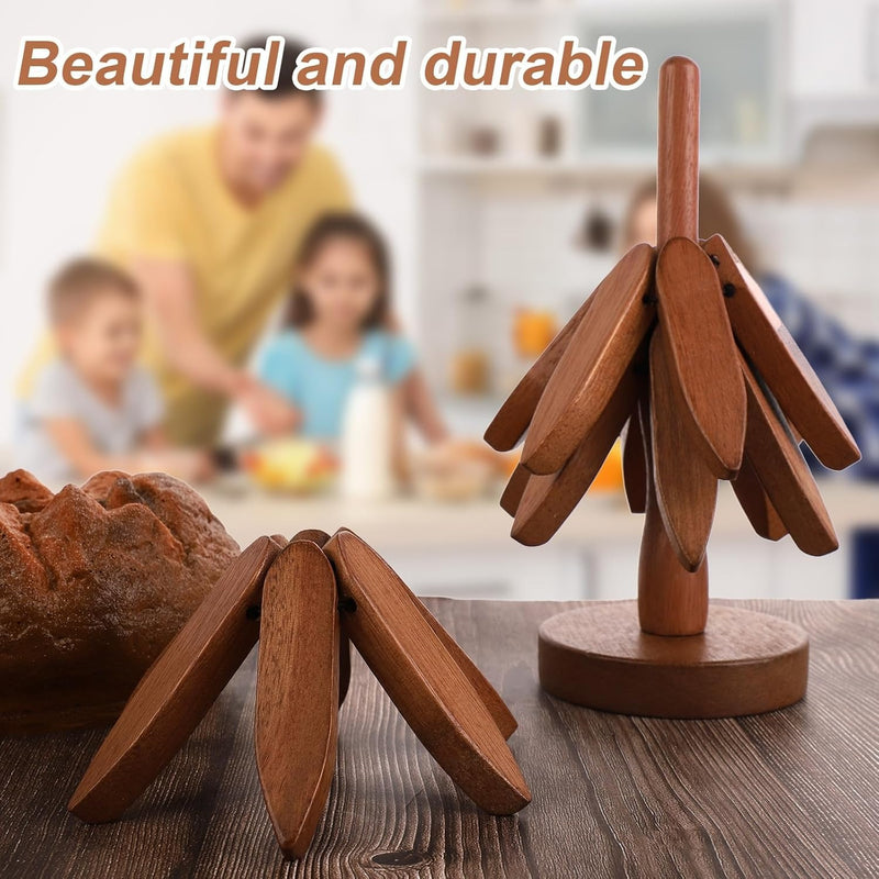 Wooden Tree Trivet Set with Stand – 3 Piece Heat-Resistant Coasters