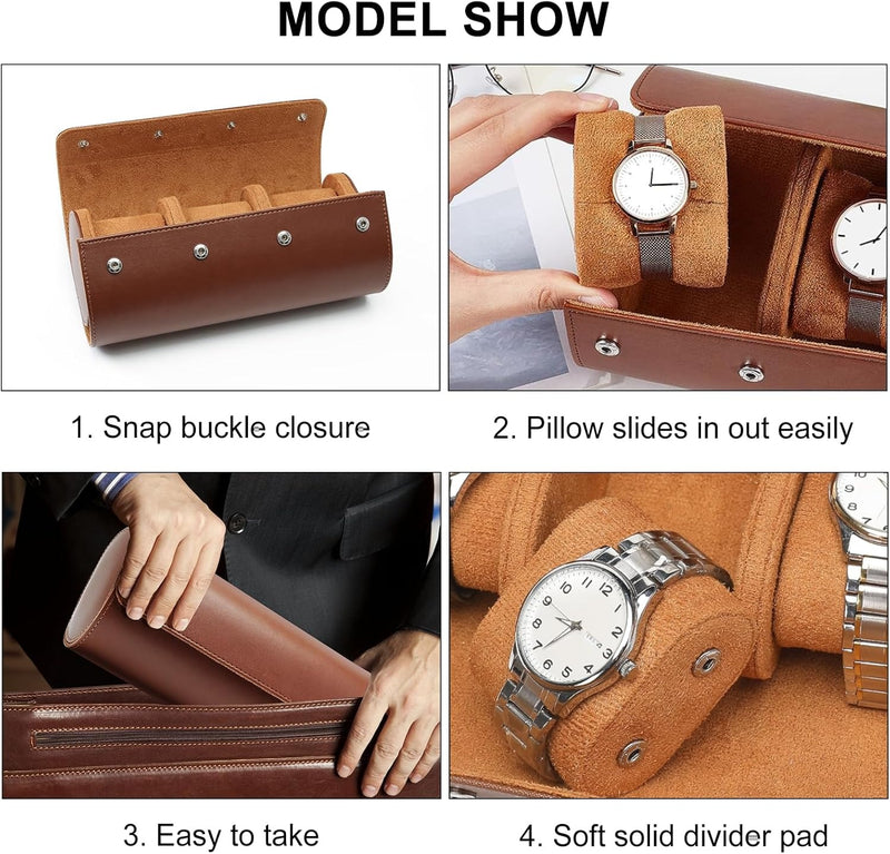 Premium Leather Watch Roll Case – 3-Slot Portable Watch Box Organizer for Men