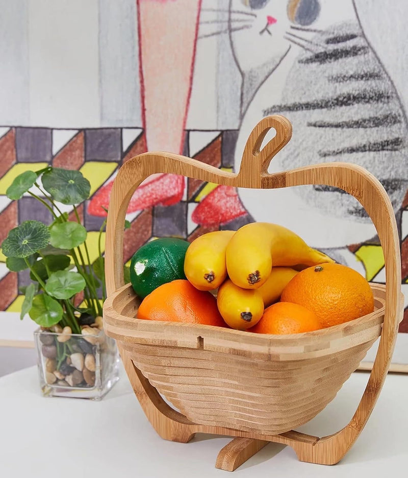 Collapsible Bamboo Fruit Bowl – Eco-Friendly Foldable Wooden Basket and Trivet
