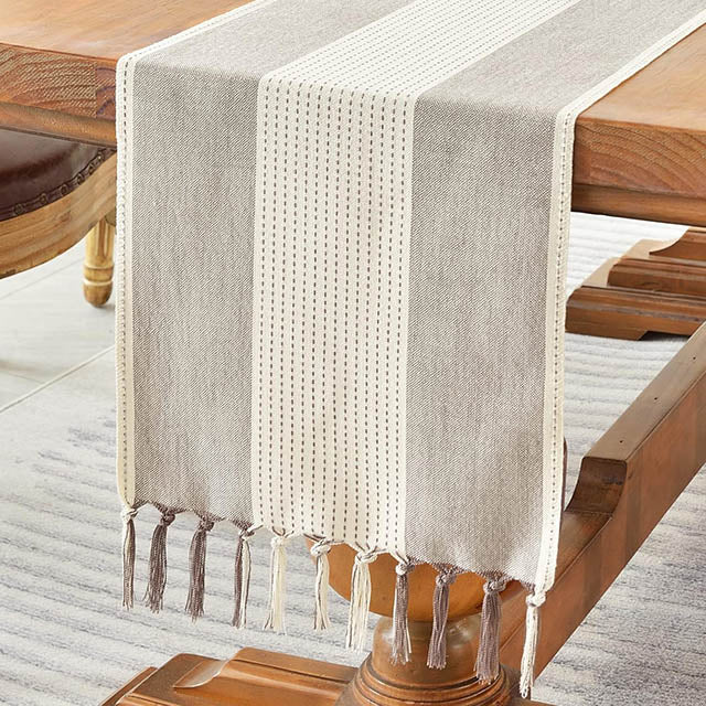 Cotton Linen Table Runner – Hand-Tassels Macrame Decor for Dining