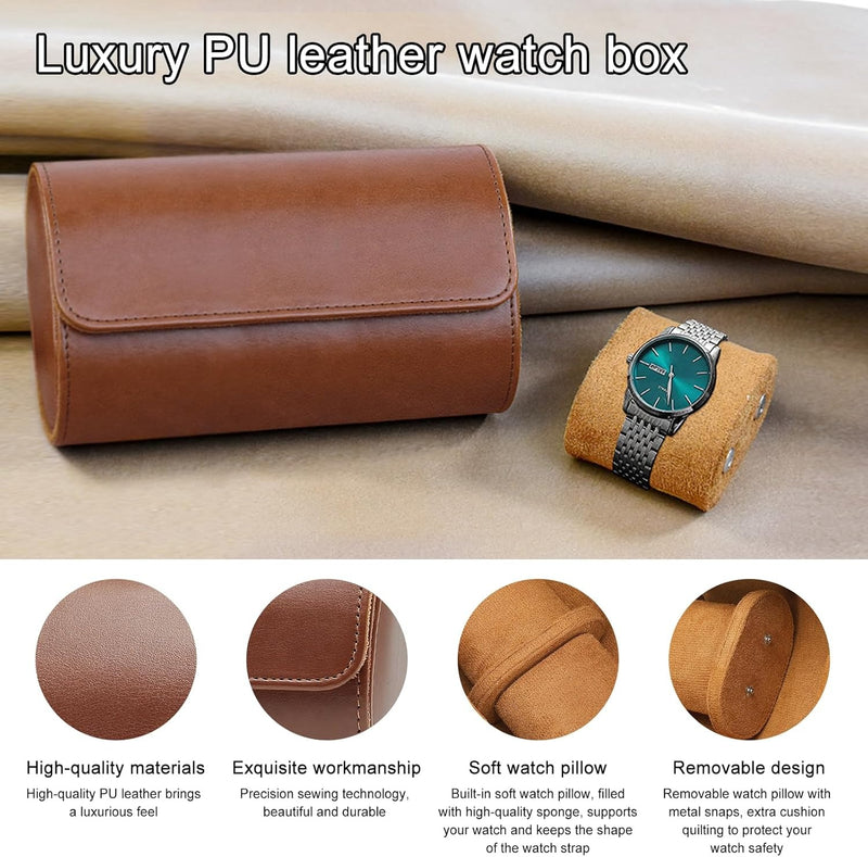Premium Leather Watch Roll Case – 3-Slot Portable Watch Box Organizer for Men