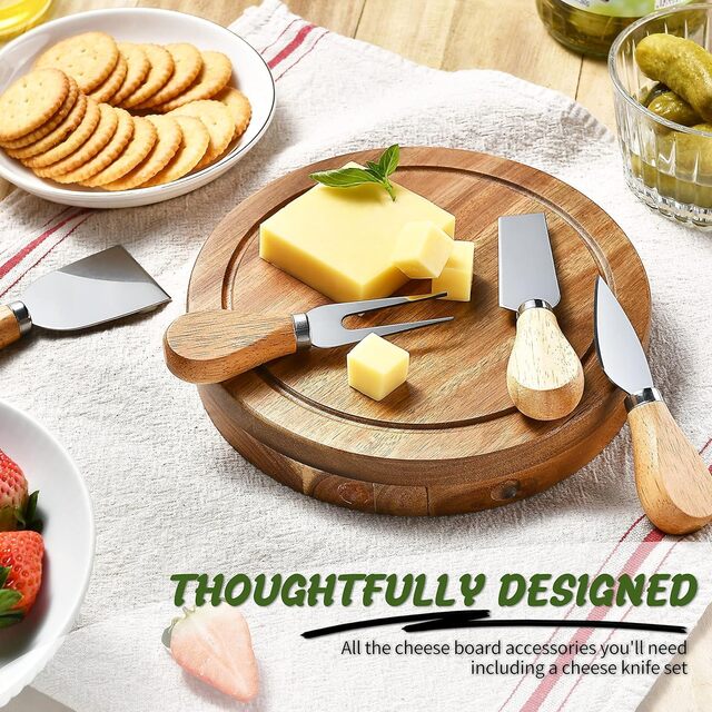 Round Acacia Wood Cheese Board Set – 4-Piece Charcuterie & Cutting Board with Knives