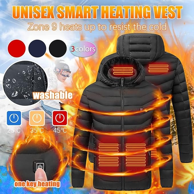 Unisex Heated Winter Jacket – 9 Heating Zones Lightweight Quilted Coat with Hood
