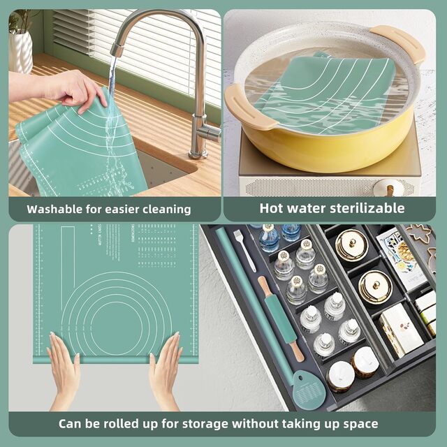 Rolling Pin & Silicone Pastry Mat Set – Non-Stick Baking Mat with Dough Scraper