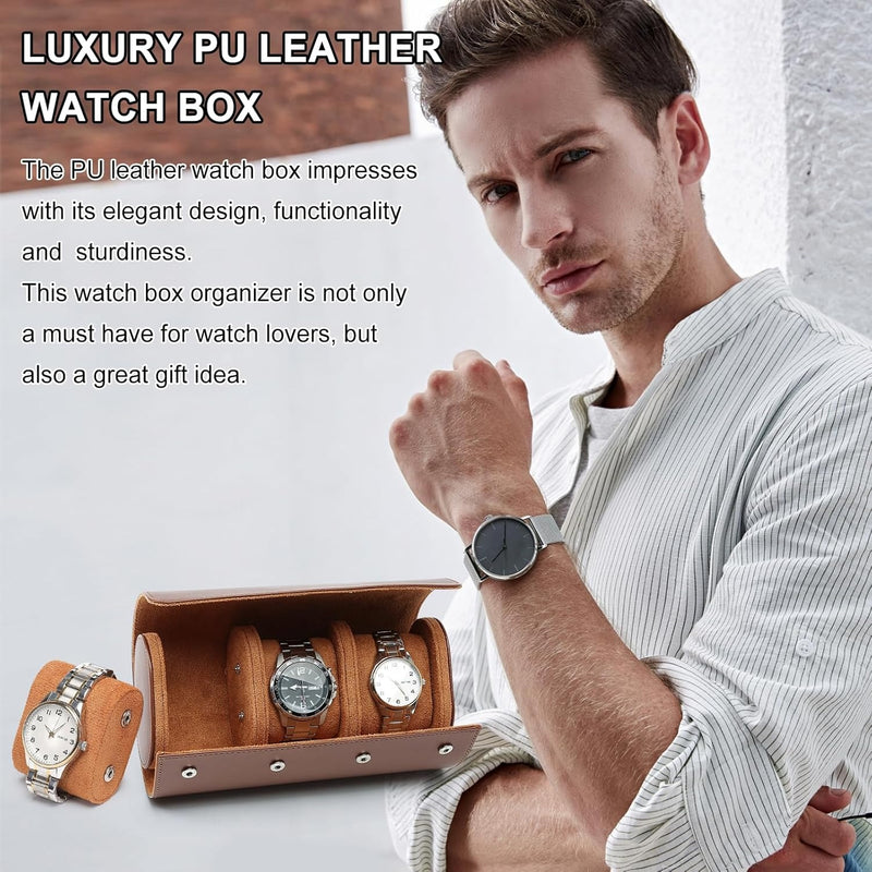 Premium Leather Watch Roll Case – 3-Slot Portable Watch Box Organizer for Men