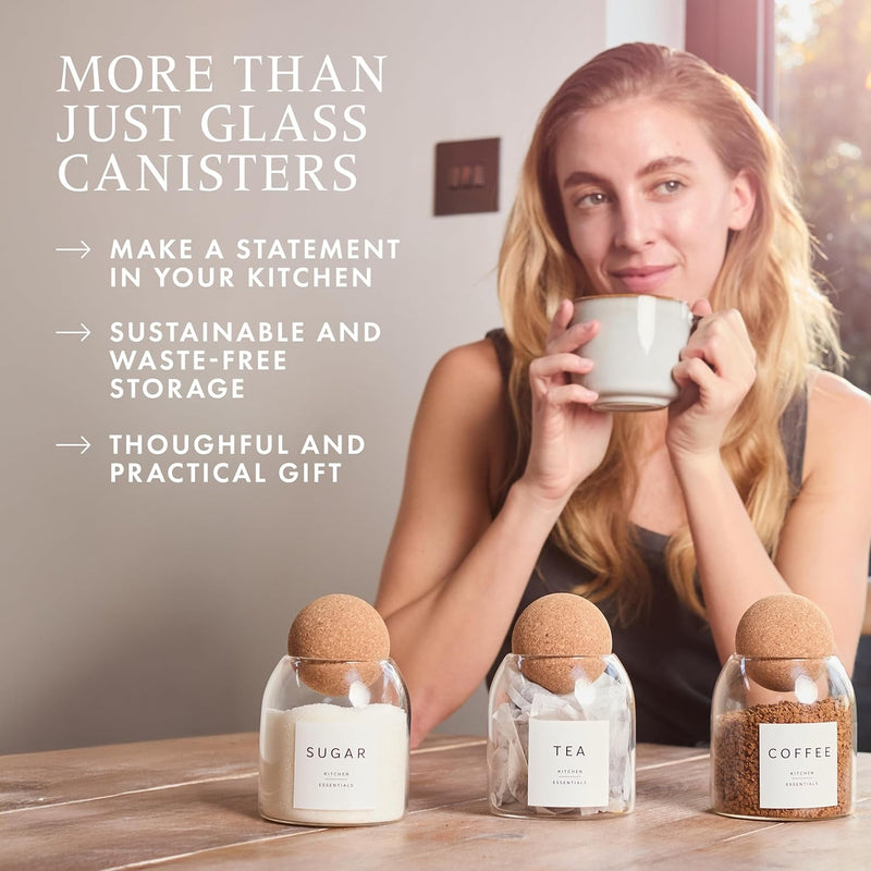 Set of 3 Glass Coffee Tea & Sugar Canisters – 500ml Jars with Elegant Cork Ball Lids