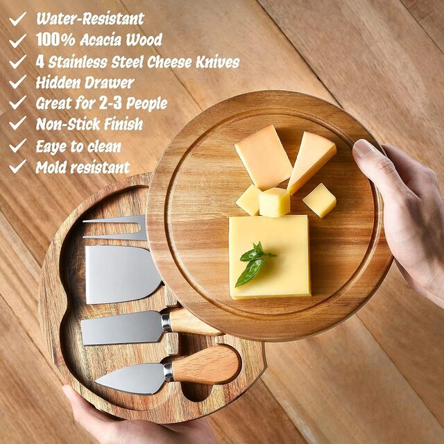 Round Acacia Wood Cheese Board Set – 4-Piece Charcuterie & Cutting Board with Knives
