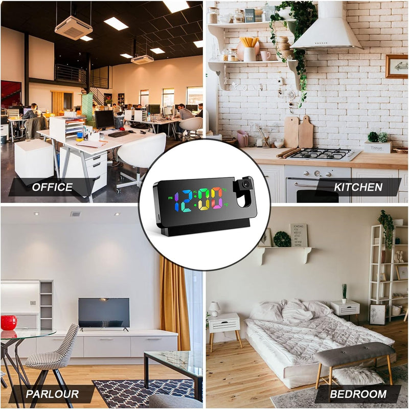 Projection Alarm Clock – LED Display 180° Projector Temp Snooze Night Mode Mains Powered