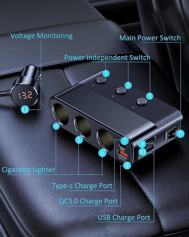 7-in-1 Car Cigarette Lighter Adapter – 128W, USB & Voltage Display