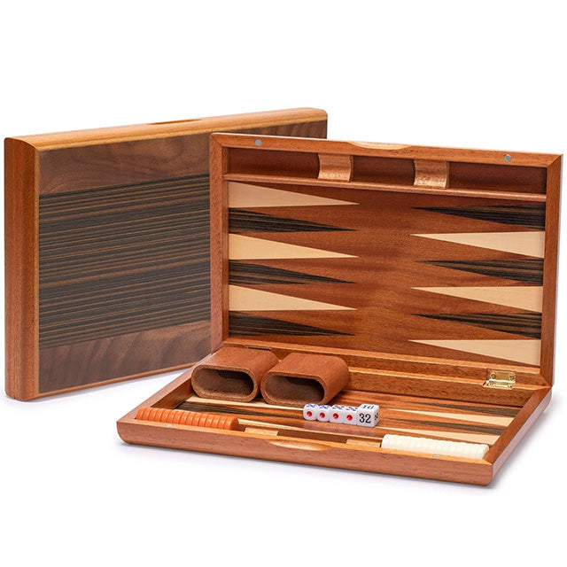 Wooden Inlaid Backgammon Set– 15" Folding Board with Acrylic Pieces & Dice Cups