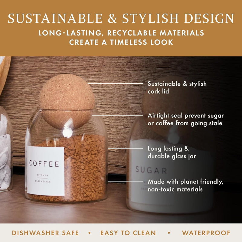 Set of 3 Glass Coffee Tea & Sugar Canisters – 500ml Jars with Elegant Cork Ball Lids