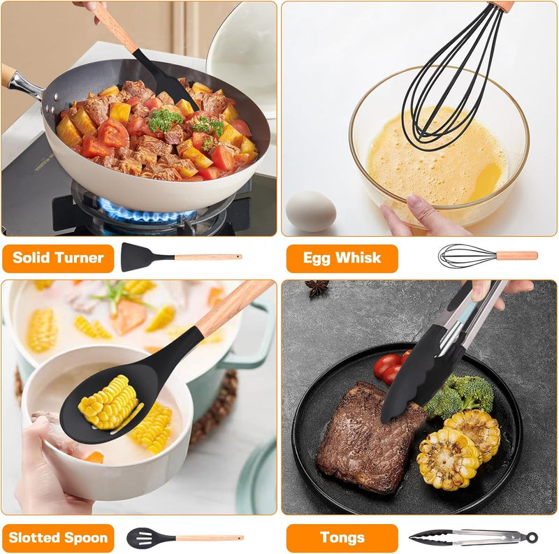 37-Piece Kitchen Utensils Set – Heat-Resistant Silicone Cooking Tools with Wooden Handles