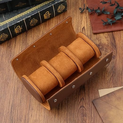 Premium Leather Watch Roll Case – 3-Slot Portable Watch Box Organizer for Men