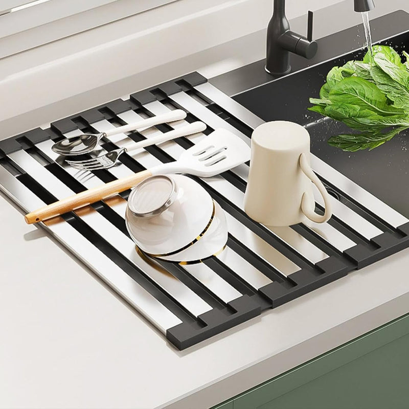 Stainless Steel Dish Drainer - Rollable Dish Drying Rack Over The Sink Drying Rack