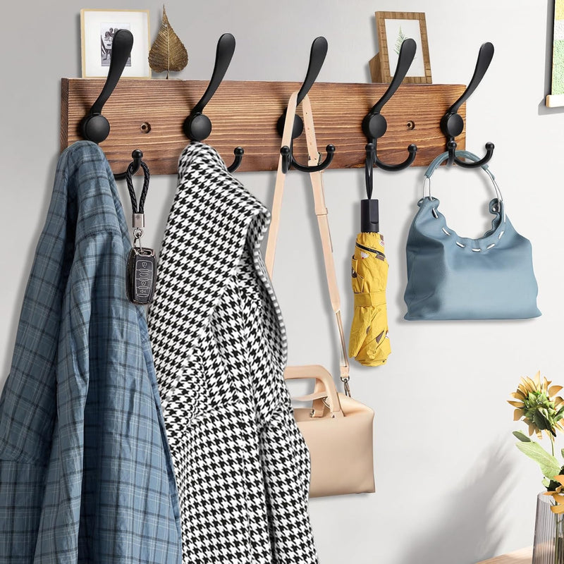 Wall-Mounted Wooden Coat Rack – Solid Pine Wood with 5 Triple Hooks