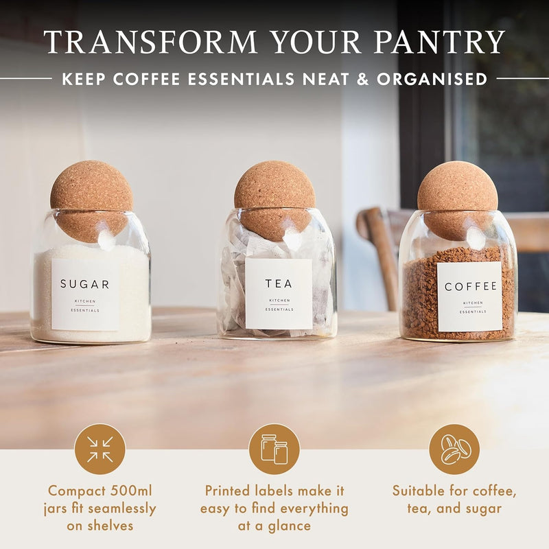 Set of 3 Glass Coffee Tea & Sugar Canisters – 500ml Jars with Elegant Cork Ball Lids