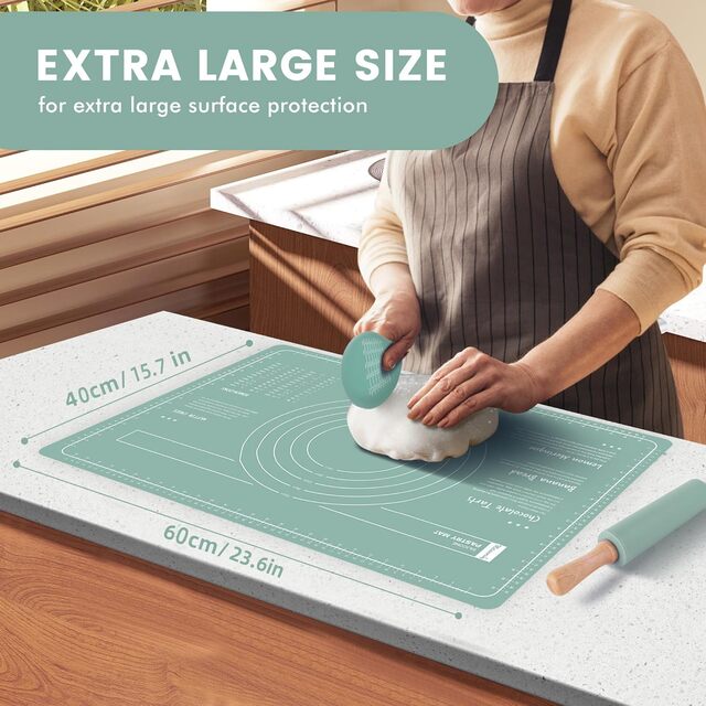 Rolling Pin & Silicone Pastry Mat Set – Non-Stick Baking Mat with Dough Scraper