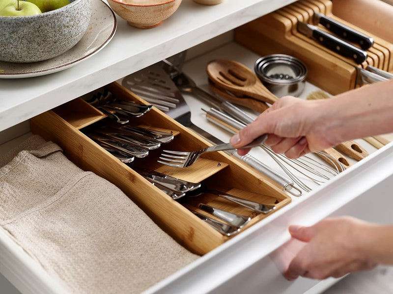 Compact Bamboo Cutlery Tray Organizer – 5 Compartments Holds 24+ Pieces